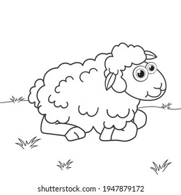 Colorless cartoon Sheep on lawn. Coloring pages. Template page for coloring book of funny Lamb or ewe for kids. Practice worksheet or Anti-stress page for child. Cute outline education game. EPS 10