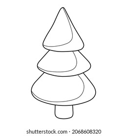 Colorless cartoon spruce or Christmas tree in snow. Easy example pine or fir. Black-white template page for coloring book with new year tree. Practice worksheet or Anti-stress coloring page for kids.