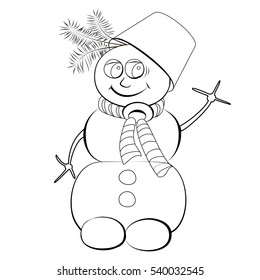 Colorless cheerful snowman with a bucket on his head