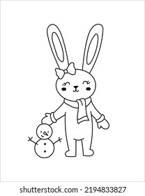 Colorless contour illustration of a rabbit-hare-rabbit. Vector isolated linear drawing. Cute cartoon bunny in a scarf with a snowman.