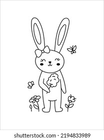 Colorless contour illustration of a rabbit-hare-rabbit. Vector isolated linear drawing. Cute cartoon bunny with cotton candy.