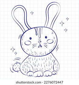 Colorless contour illustration of a rabbit-hare-rabbit. Vector isolated linear drawing. 
Cute bunny hand drawn in a notebook.