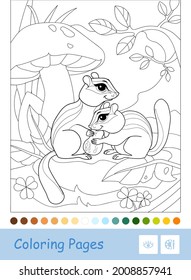 Colorless contour image of a chipmunks sitting under the mushroom in a wood isolated on white. Wild animals preschool kids coloring book illustrations and developmental activity.