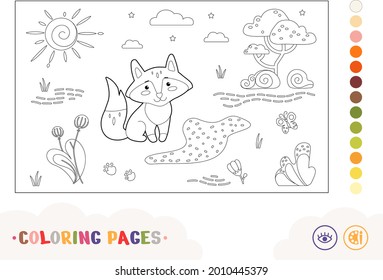 Colorless contour image of a fox sitting near the forest stream. Wild animals preschool kids coloring book illustrations and developmental activity.