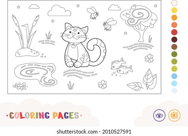 Colorless contour image of a striped cat sitting by the lake. Pets-related preschool kids coloring book illustrations and developmental activity.
