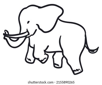 Colorless design in bold outlines of cute jumping  elephant with long ears, trunk, tusks and tail.