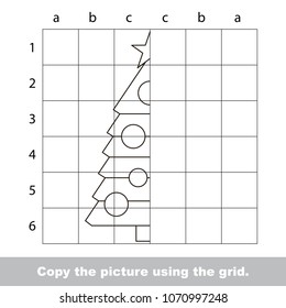 Colorless educational game with simple game level - copy the picture. Decorated New Year Tree