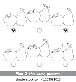 The colorless educational kid matching game for preschool kids with easy gaming level, the task is to find similar objects, to compare items and find two same Apple and Pear