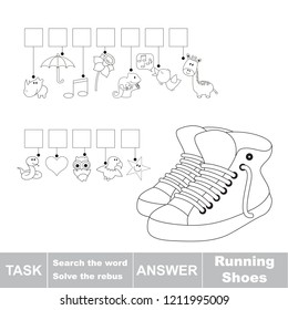 Colorless educational puzzle game for kids. Find the hidden word Running Shoes