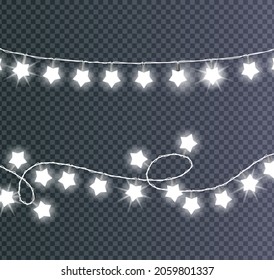 Colorless festive garlands set decorations with white shiny lights in star shapes, glittering lightbulbs vector illustration on transparent background