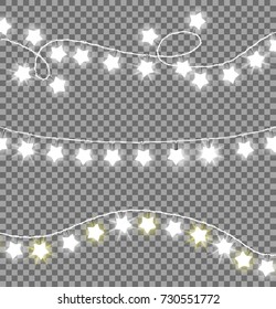 Colorless festive garlands set decorations with white shiny lights in star shapes, glittering lightbulbs vector illustration on transparent background