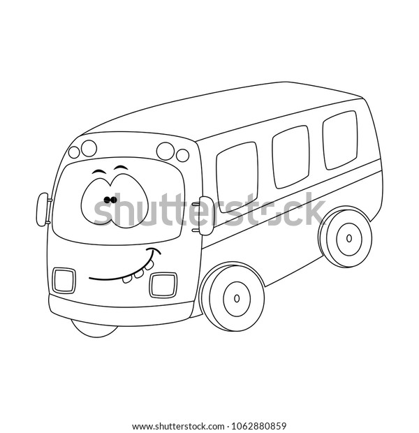Colorless  funny cartoon bus. Vector\
illustration. Coloring page. Preschool education.\
