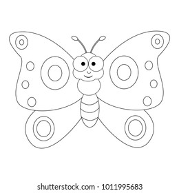 Colorless funny cartoon butterfly. Vector illustration. Coloring page. Preschool education. 