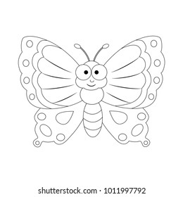 Colorless funny cartoon butterfly. Vector illustration. Coloring page. Preschool education. 