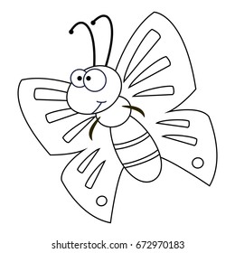 Colorless funny cartoon butterfly. Vector illustration. Coloring page. Preschool education. 