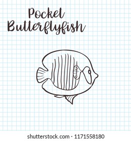 Colorless funny cartoon butterflyfish. Vector illustration. Coloring page. Preschool education.