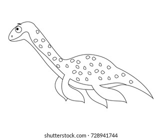 Colorless funny cartoon  elasmosaurus. Vector illustration. Coloring page. Preschool education. Dinosaur.
