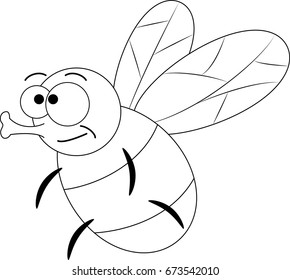Colorless funny cartoon fly. Vector illustration. Coloring page. Preschool education. 