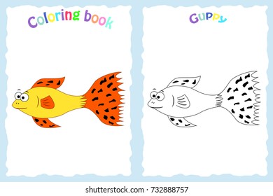 Colorless funny cartoon guppy. Vector illustration. Coloring page. Preschool education. Aquarium fish