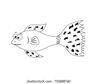 Colorless funny cartoon guppy. Vector illustration. Coloring page. Preschool education. Aquarium fish