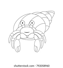 Colorless funny cartoon hermit crab. Vector illustration. Coloring page. Preschool education. Sea  animals