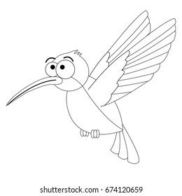 Colorless funny cartoon hummingbird. Vector illustration. Coloring page. Preschool education.   Exotic  bird