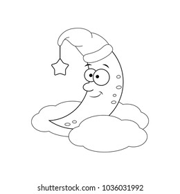 Colorless  funny cartoon moon on the cloud. Vector illustration. Coloring page. Preschool education. 