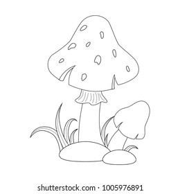 Colorless funny cartoon red mushrooms with grass and stones. Vector illustration. Coloring page. Preschool education.