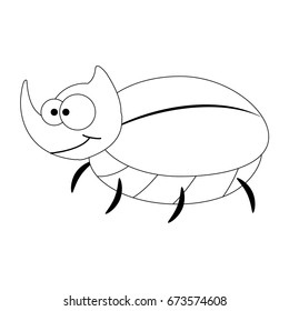 Colorless funny cartoon rhinoceros beetle. Vector illustration. Coloring page. Preschool education. 