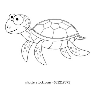 Colorless  funny cartoon sea turtle. Vector illustration. Coloring page. Preschool education. 