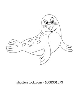 Colorless funny cartoon seal. Vector illustration. Coloring page. Preschool education. Arctic animals