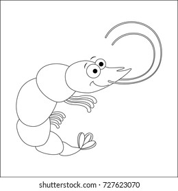 Colorless  funny cartoon shrimp. Vector illustration. Coloring page. Preschool education. 