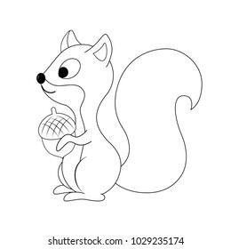 Colorless  funny cartoon squirrel with nut in his hand. Vector illustration. Coloring page. Preschool education. Forest animals.