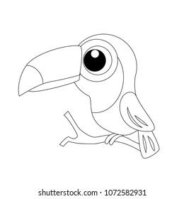 Colorless  funny cartoon toucan. Vector illustration. Coloring page. Preschool education. 