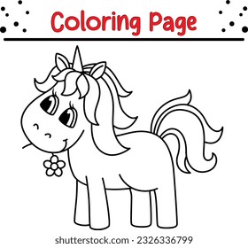 Colorless funny cartoon unicorn. Vector illustration for coloring books page for children