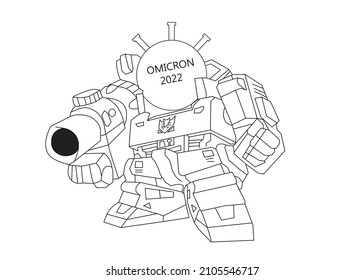 Farblose, grauskalige Vektorgrafik des Megatron-Körpers mit einem Kopf, der die neue Variante von COVID-19 mit dem Namen Omicron darstellt 