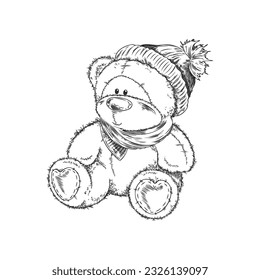 El incoloro oso de peluche dibujado a mano se sienta con un sombrero y una bufanda. Esbozo de dibujos animados esponjoso ilustración vectorial del oso Teddy. Grabando juguete aislado en fondo blanco.