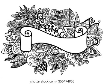 Colorless hand drawn ribbon on the floral doole background. Vector illustration.