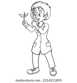 Colorless illustration scientist examining a plant specimen with a magnifying glass.