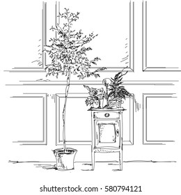 
colorless interior sketch line with pedestal and a tree in a pot
