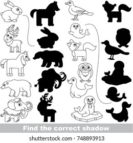 Colorless Northern Animals set to find the correct shadow, the matching educational kid game to compare and connect objects and their true shadows, simple gaming level for preschool kids.