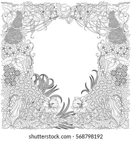 Colorless pattern with forest plants on a blank background