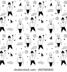 A colorless school pattern. A set with teachers and school subjects: clocks, books, a bell