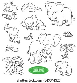 Colorless set of cute animals and objects, vector family of elephants