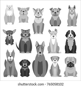 Colorless set of cute dogs cartoon icons, pets sitting with smiling muzzle and hanging out tongue monochrome isolated on white, vector illustration.
