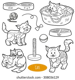 Colorless set of cute domestic animals and objects, vector family cats and objects