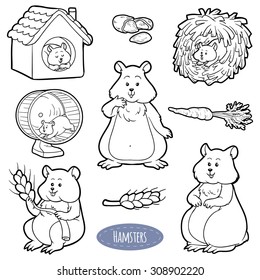 Colorless set of cute domestic animals and objects, vector family of hamsters and objects