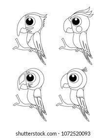 Colorless set of different cartoon parrots. Exotic birds. Vector illusration isolated on white background.