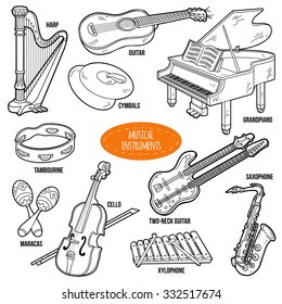 Colorless set with musical instruments, vector cartoon collection