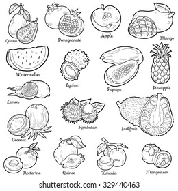 Colorless set with tropical fruits, vector cartoon collection